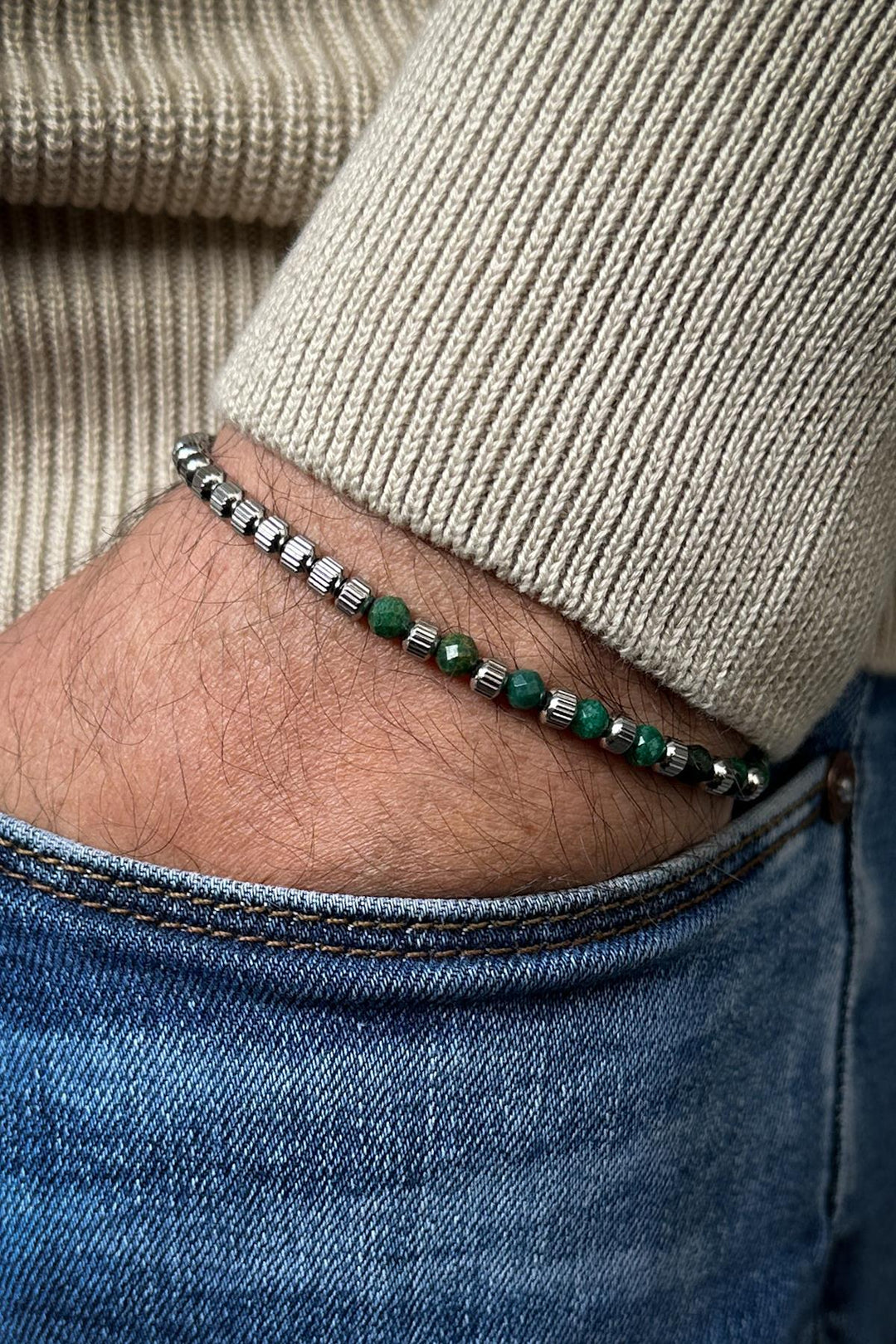 NVM FRNCH 316L Steel and Jade Natural Stone Green Color Men's Bracelet FRJ12360-3360-Y - Mijas