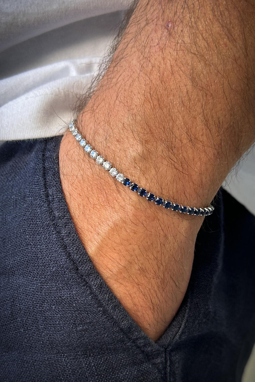 NVM FRNCH 3MM Zircon Stone Blue-White Color Tennis Men's Bracelet FRJ12204-3204-LA - Hacienda Heights