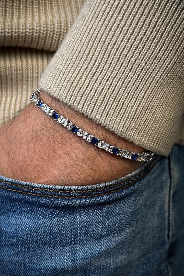 NVM FRNCH 925 Sterling Silver 3MM Navy-White Zircon Stone Men's Bracelet FRJ12344-3344-LA - Lawrence