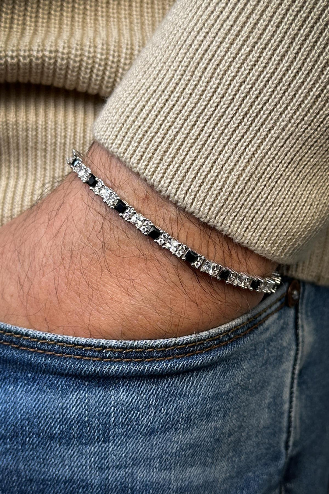 NVM FRNCH 925 Sterling Silver 3MM Black-White Zircon Stone Men's Bracelet FRJ12344-3344-SB - Middletown