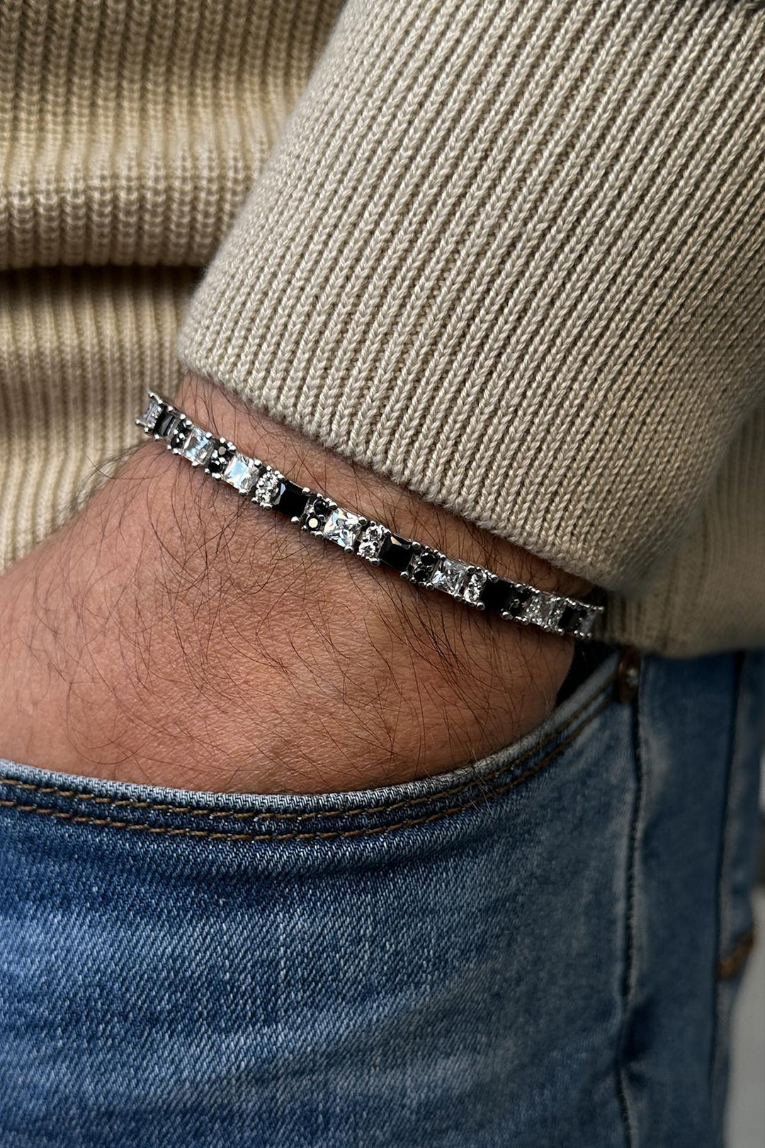 NVM FRNCH 925 Sterling Silver 4MM Black-White Zircon Stone Men's Bracelet FRJ12337-3337-SB - Sioux Falls
