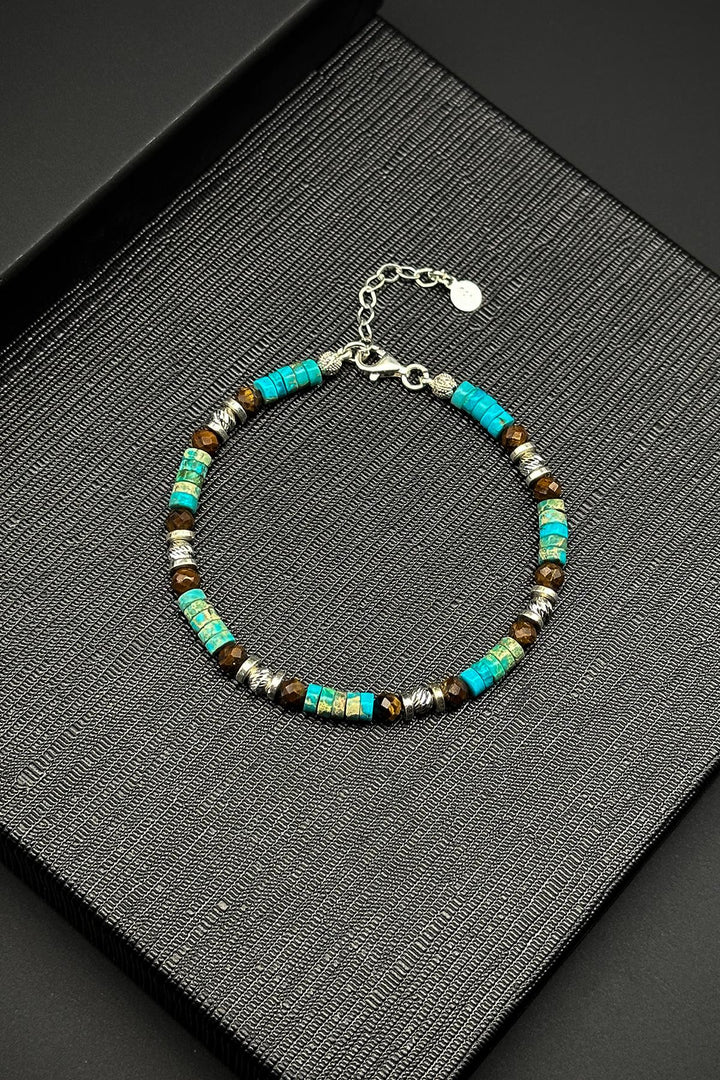 NVM FRNCH 925 Sterling Silver African Turquoise and Tiger Eye Natural Stone Multicolored Men's Bracelet FRJ12348-3348-MK - Plano