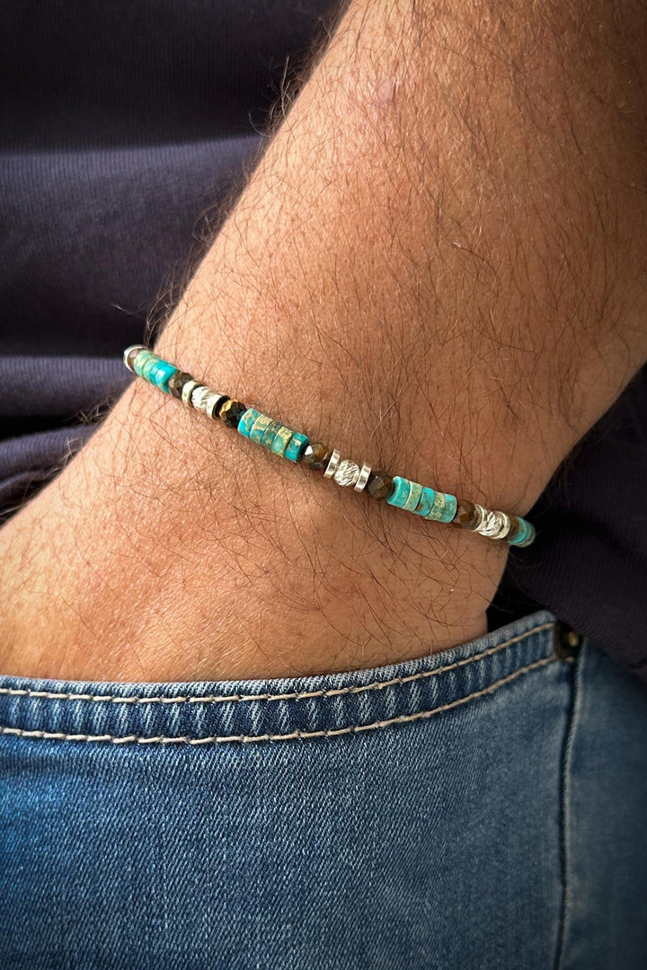 NVM FRNCH 925 Sterling Silver African Turquoise and Tiger Eye Natural Stone Multicolored Men's Bracelet FRJ12348-3348-MK - Plano
