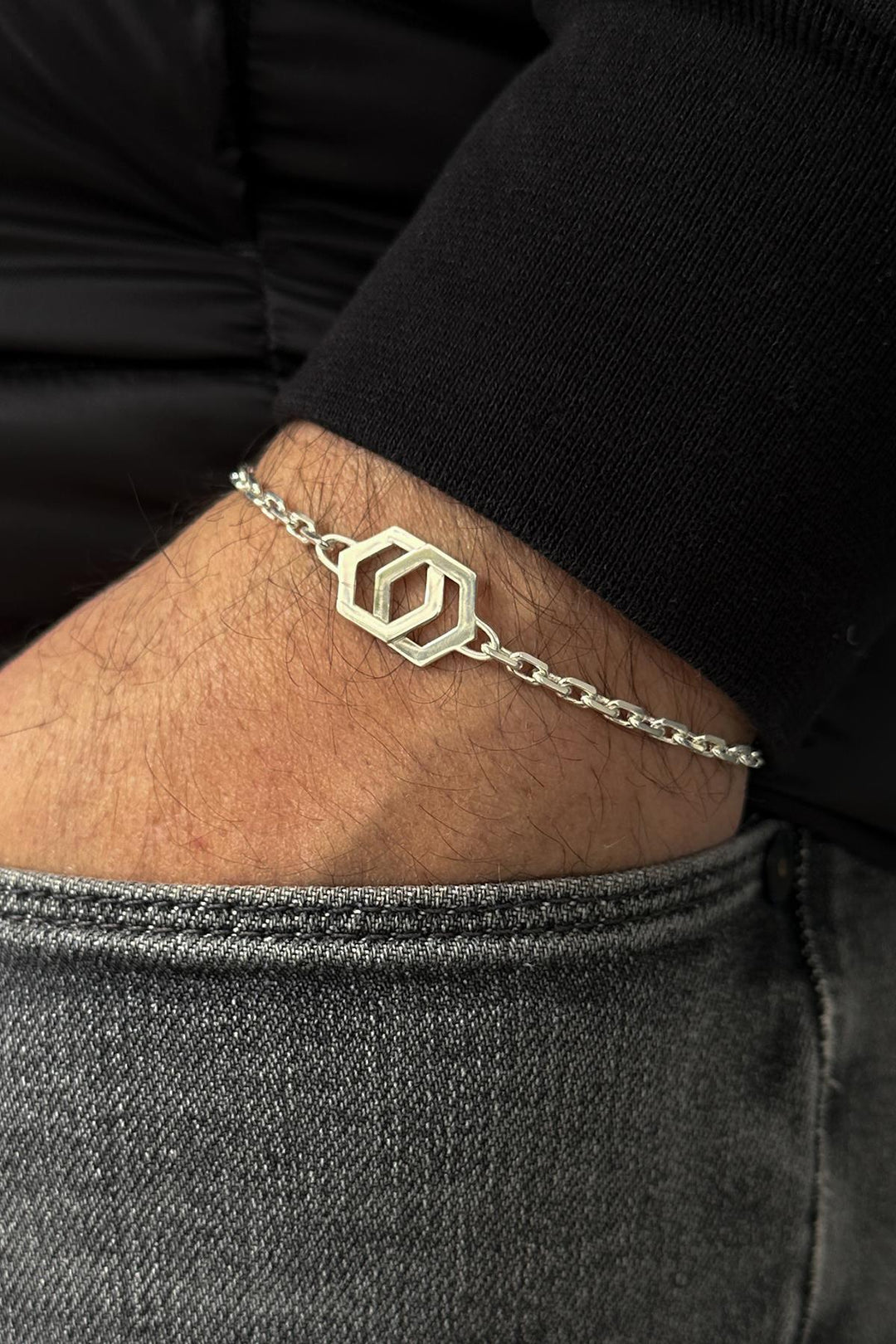 NVM FRNCH 925 Sterling Silver Hexagonal Figured Silver Color Men's Bracelet FRJ12150-3150-A - Woking