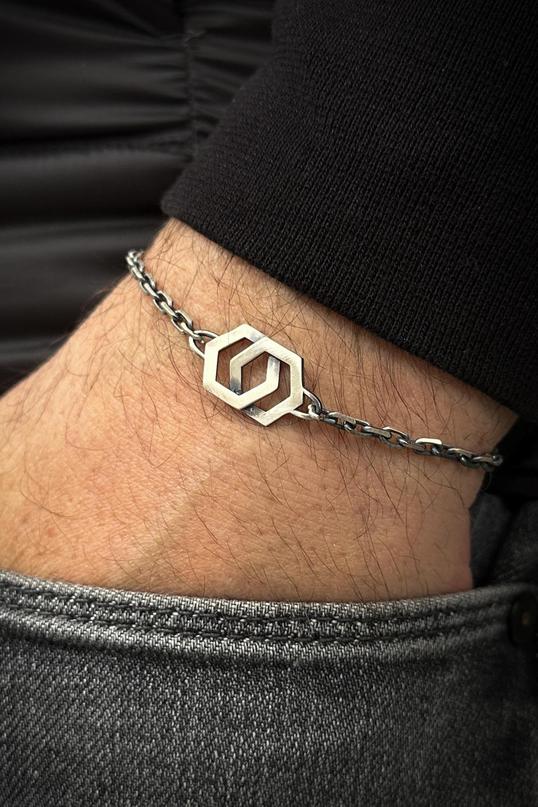 NVM FRNCH 925 Sterling Silver Hexagonal Figured Silver Color Men's Bracelet FRJ12150-3150-A2 - The Colony