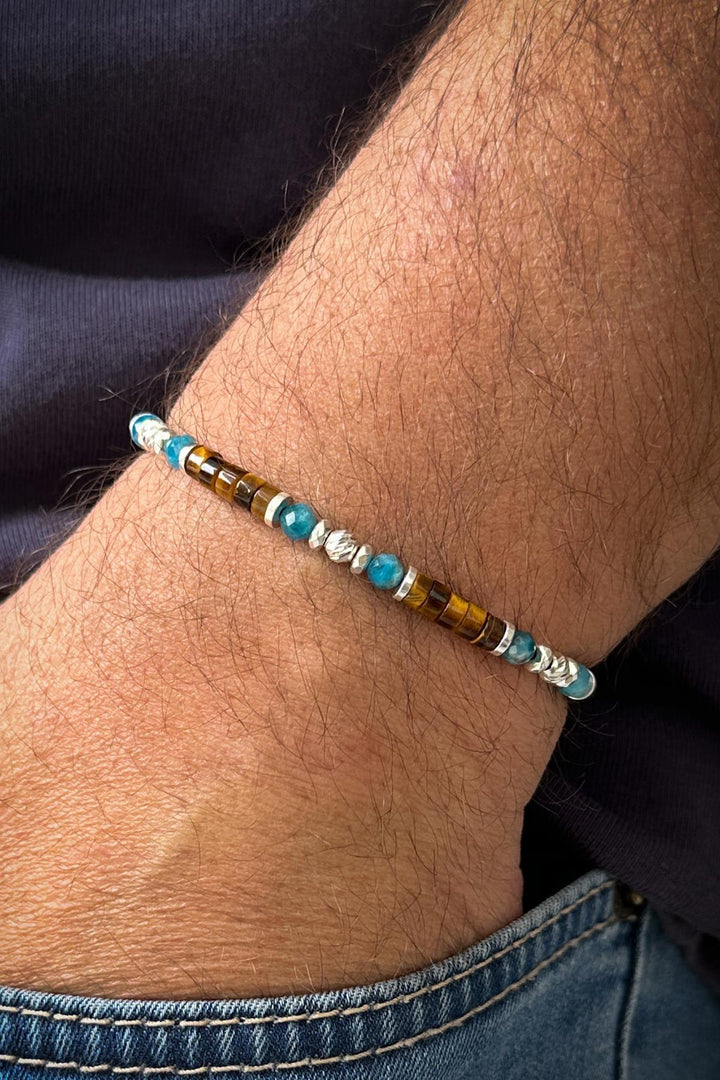 NVM FRNCH 925 Sterling Silver Apatite and Tiger Eye Natural Stone Multicolored Men's Bracelet FRJ12348-3348-MK2 - Fort Wayne