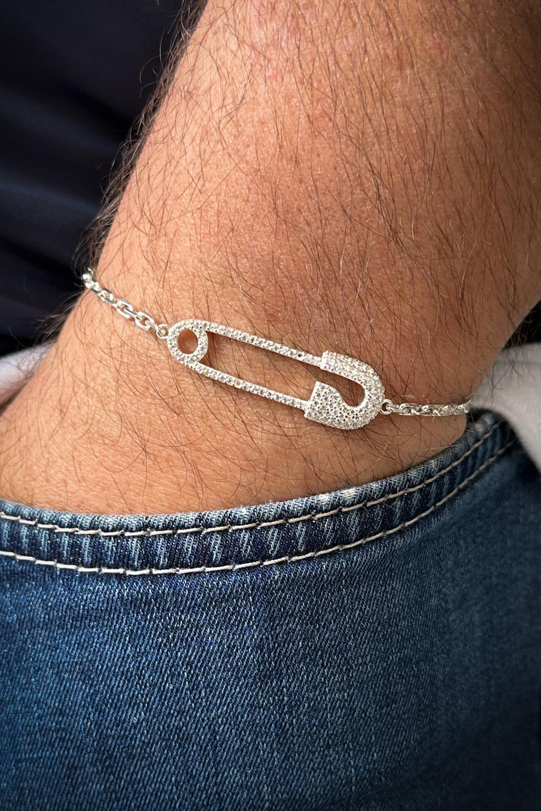 NVM FRNCH 925 Sterling Silver Safety Pin Model White Zircon Stone Men's Bracelet FRJ12185-3185-B - Santa Rosa
