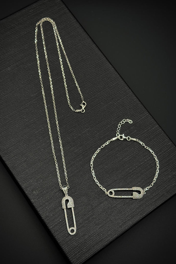 NVM FRNCH 925 Sterling Silver Safety Pin Model White Zircon Stone Men's Bracelet/Necklace Set FRJ12196-3196-A - Adelaide