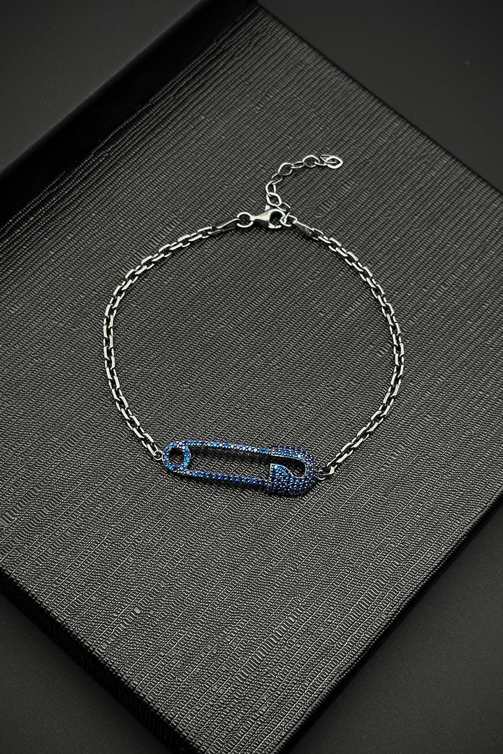 NVM FRNCH 925 Sterling Silver Safety Pin Model Navy Blue Zircon Stone Men's Bracelet FRJ12185-3185-L - Chaniá
