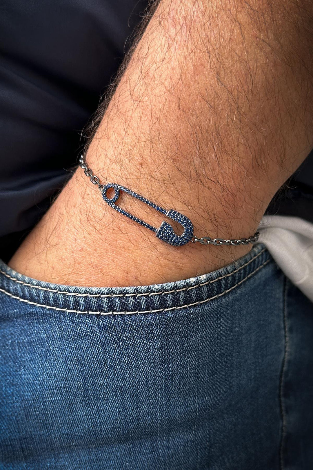 NVM FRNCH 925 Sterling Silver Safety Pin Model Navy Blue Zircon Stone Men's Bracelet FRJ12185-3185-L - Chaniá