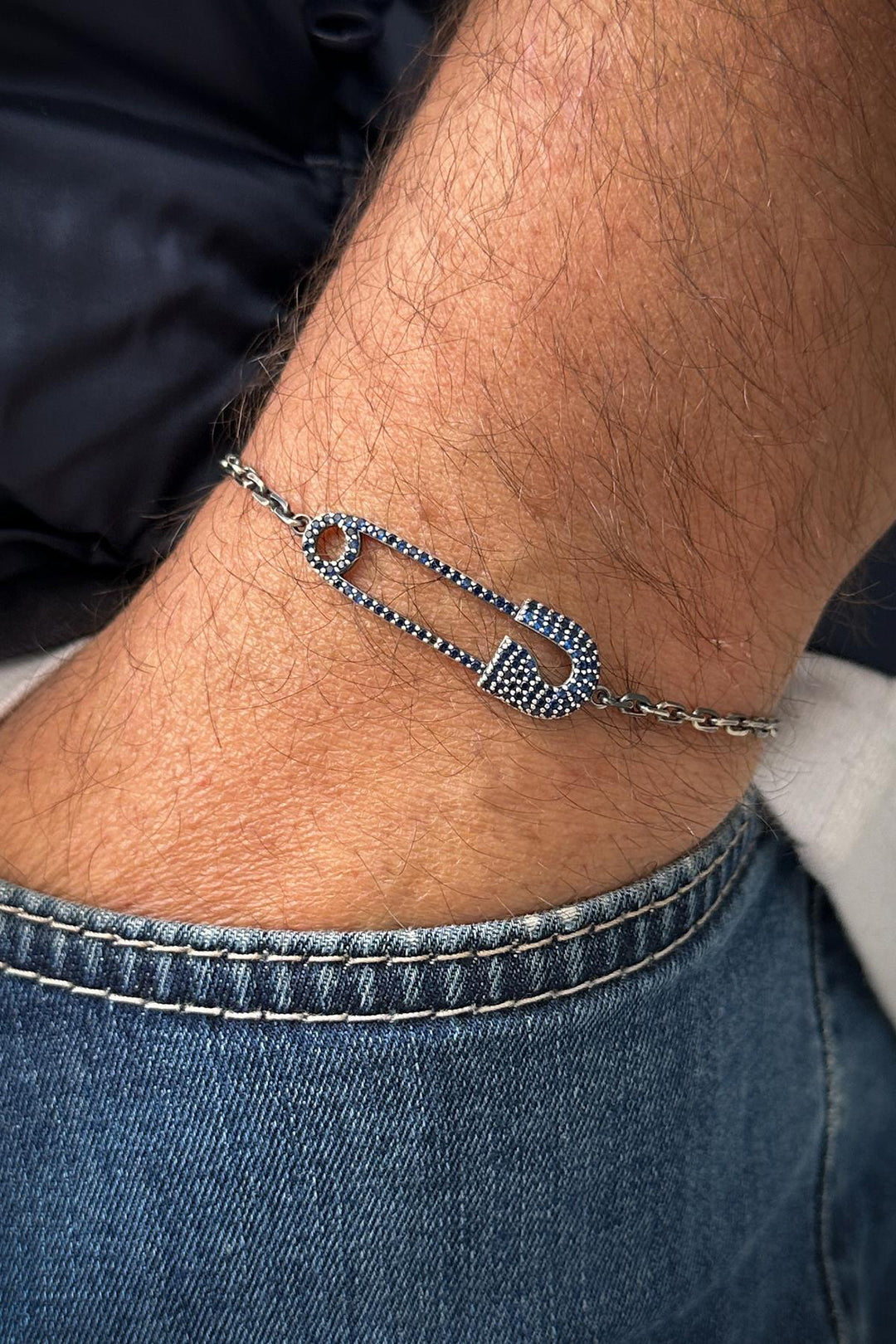 NVM FRNCH 925 Sterling Silver Safety Pin Model Navy Blue Zircon Stone Men's Bracelet FRJ12185-3185-L2 - Cholet