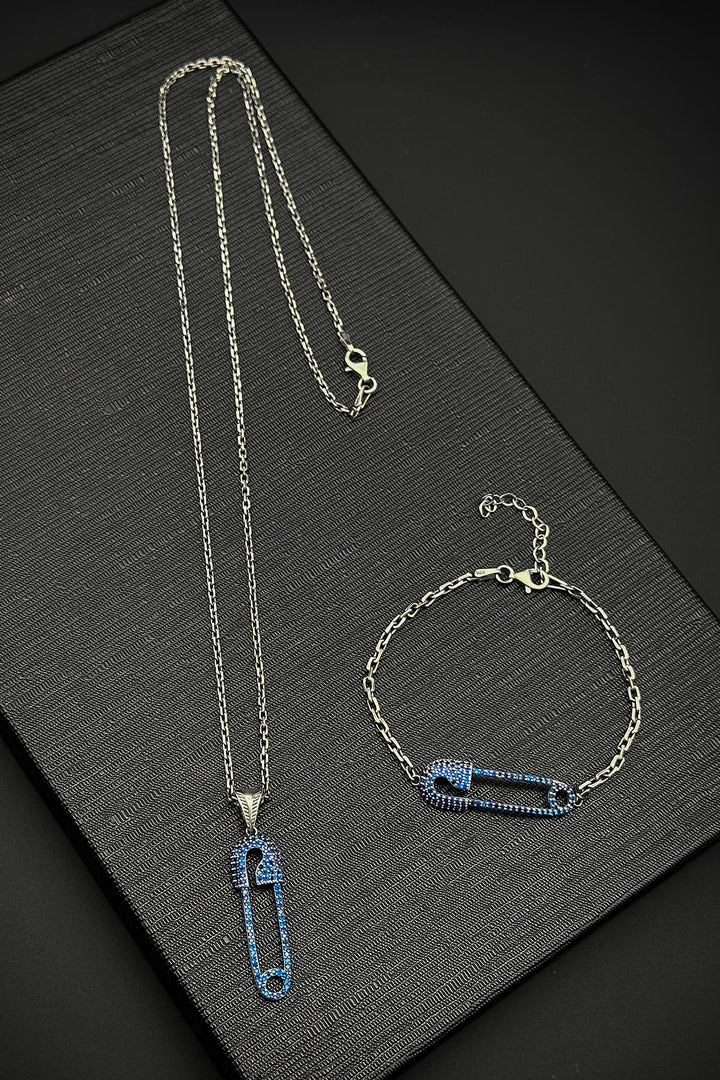 NVM FRNCH 925 Sterling Silver Safety Pin Model Navy Blue Zircon Stone Men's Bracelet/Necklace Set FRJ12196-3196-L2 - Sanford