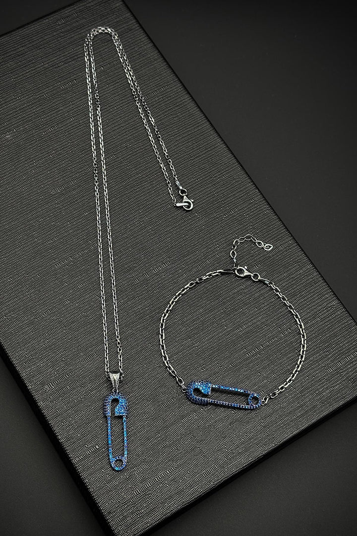 NVM FRNCH 925 Sterling Silver Safety Pin Model Navy Blue Zircon Stone Men's Bracelet/Necklace Set FRJ12196-3196-L - DeKalb