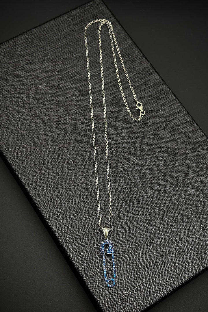 NVM FRNCH 925 Sterling Silver Safety Pin Model Navy Blue Zircon Stone Men's Necklace FRJ30759-859-L - Indianapolis