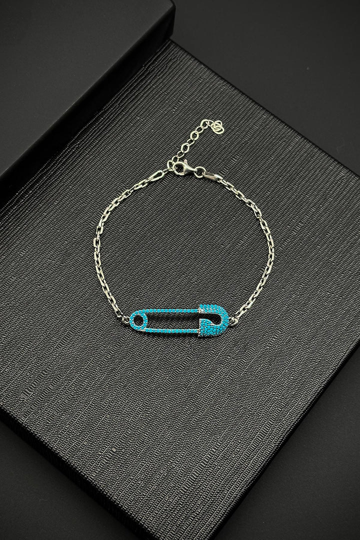 NVM FRNCH 925 Sterling Silver Safety Pin Model Blue Zircon Stone Men's Bracelet FRJ12185-3185-M - Puerto del Rosario