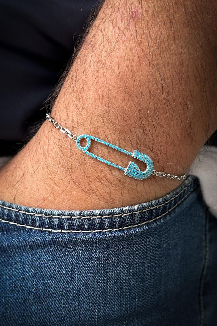 NVM FRNCH 925 Sterling Silver Safety Pin Model Blue Zircon Stone Men's Bracelet FRJ12185-3185-M - Puerto del Rosario
