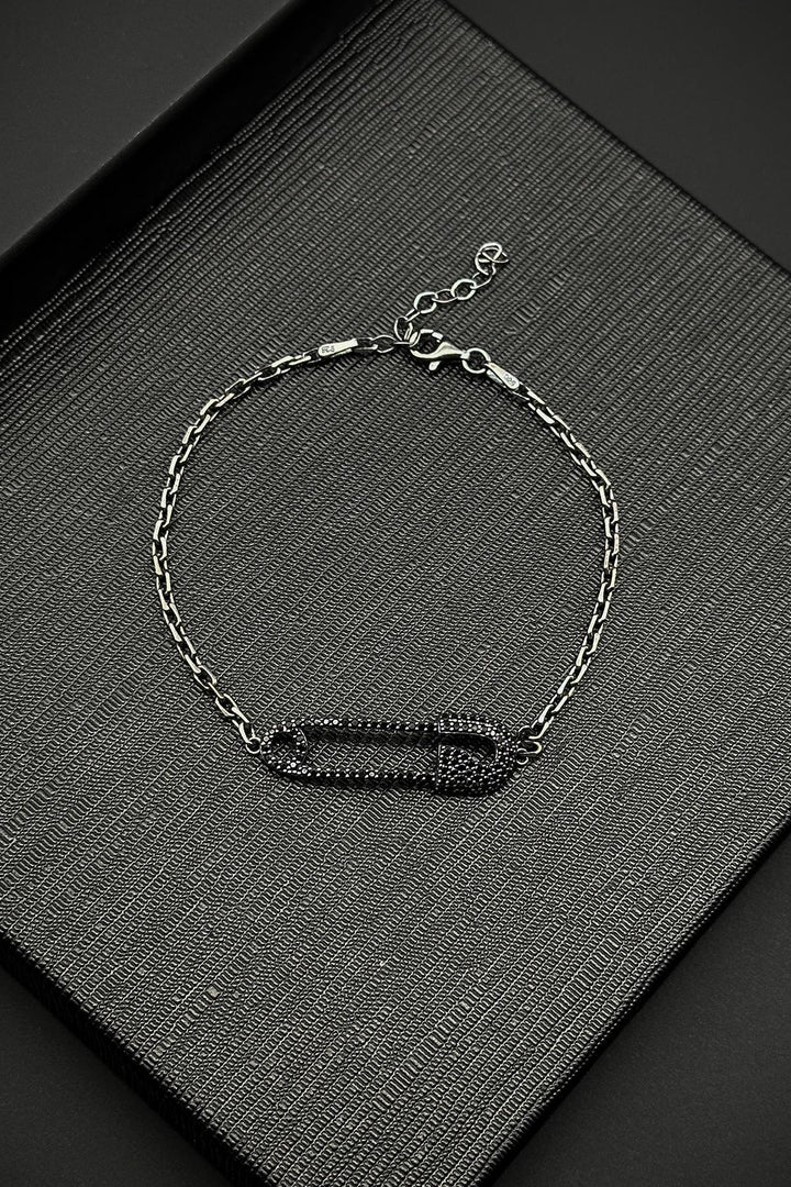 NVM FRNCH 925 Sterling Silver Safety Pin Model Black Zircon Stone Men's Bracelet FRJ12185-3185-S - Frankfurt