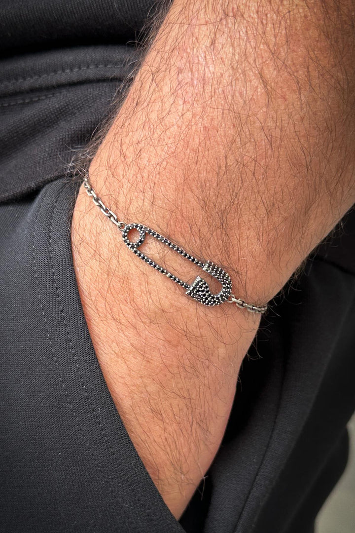 NVM FRNCH 925 Sterling Silver Safety Pin Model Black Zircon Stone Men's Bracelet FRJ12185-3185-S2 - Warner Robins