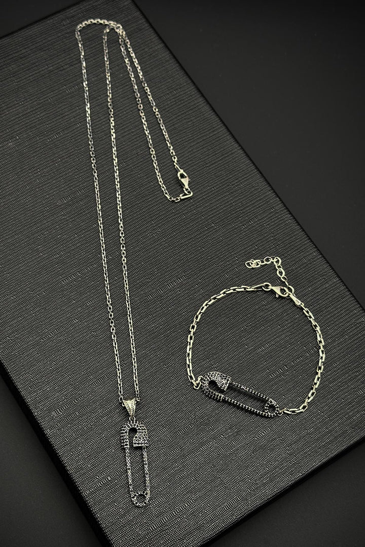 NVM FRNCH 925 Sterling Silver Safety Pin Model Black Zircon Stone Men's Bracelet/Necklace Set FRJ12196-3196-S2 - Chiclana de la Frontera