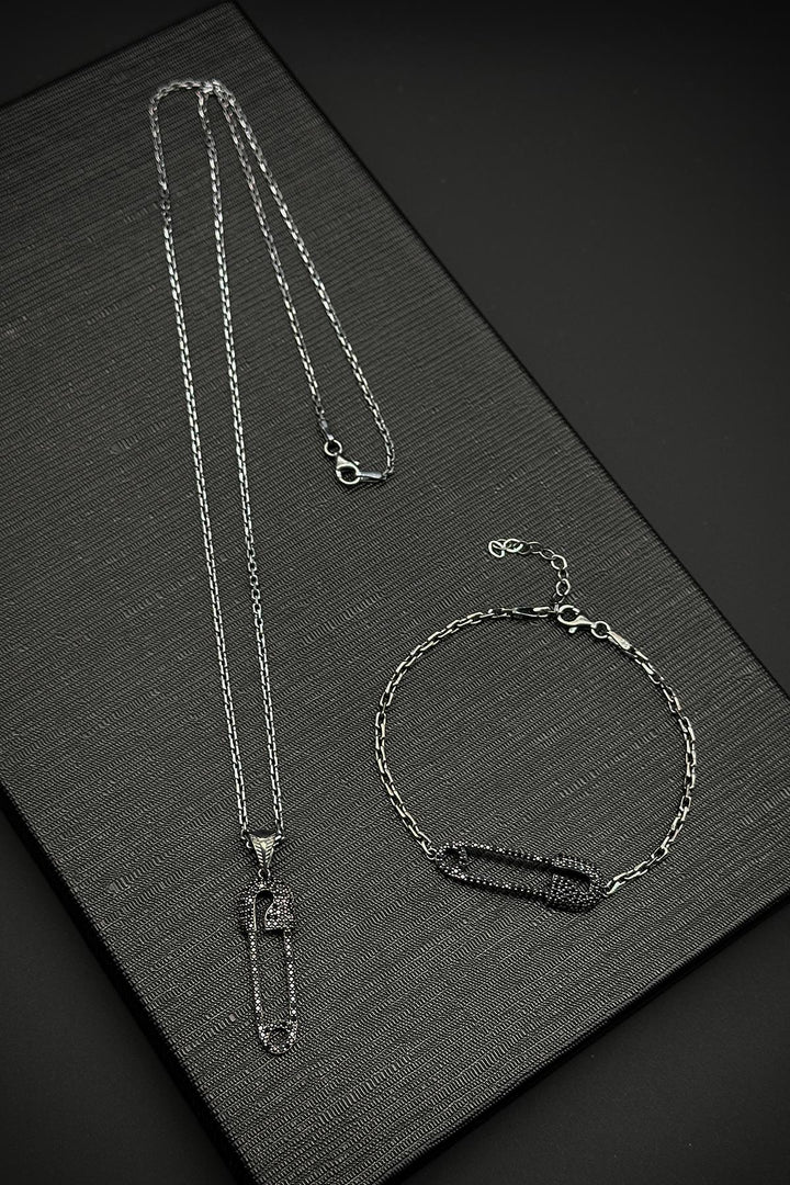 NVM FRNCH 925 Sterling Silver Safety Pin Model Black Zircon Stone Men's Bracelet/Necklace Set FRJ12196-3196-S - Los Mochis