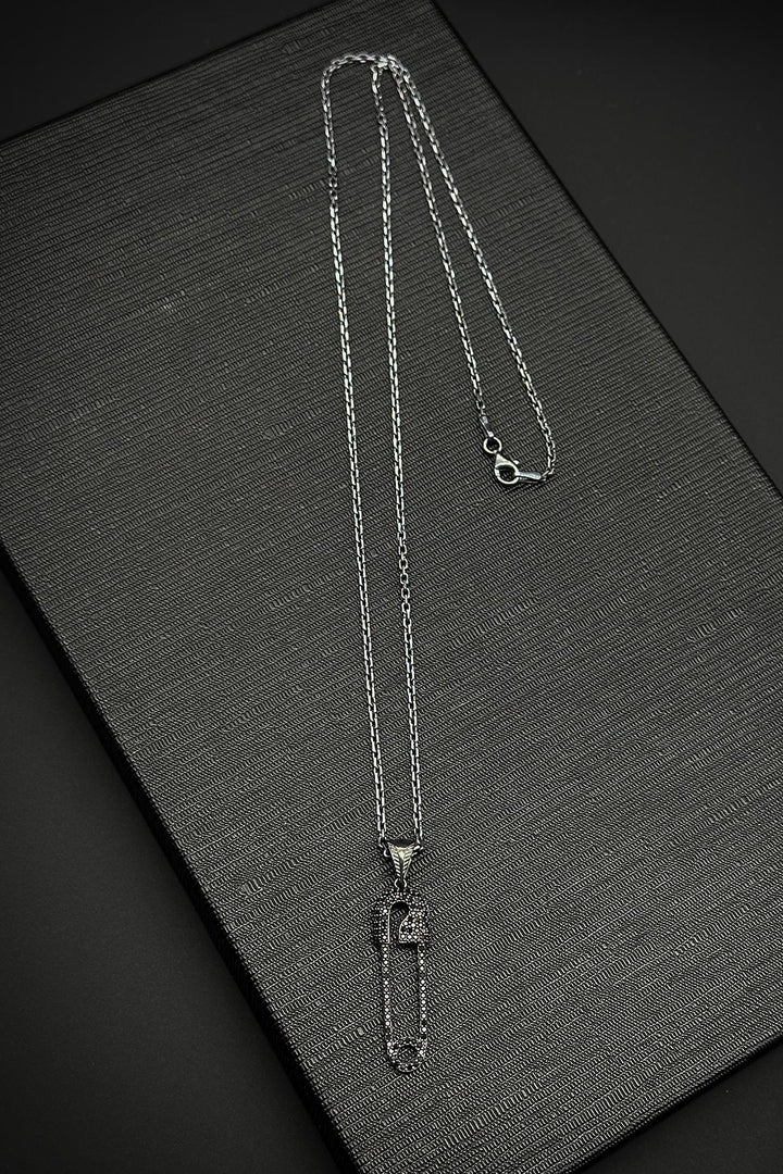 NVM FRNCH 925 Sterling Silver Safety Pin Style Black Zircon Stone Men's Necklace FRJ30759-859-S2 - Herstal