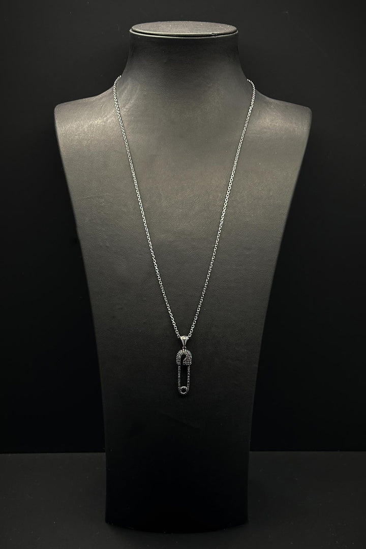 NVM FRNCH 925 Sterling Silver Safety Pin Style Black Zircon Stone Men's Necklace FRJ30759-859-S2 - Herstal