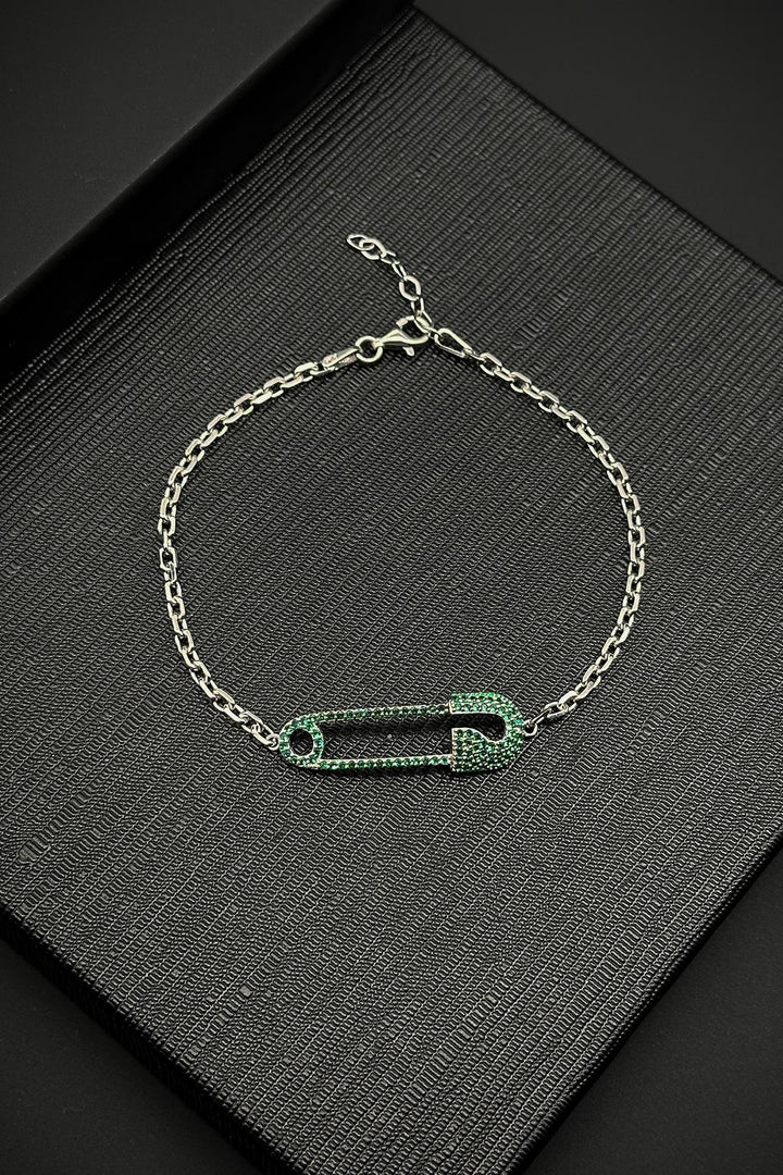 NVM FRNCH 925 Sterling Silver Safety Pin Model Men's Bracelet with Green Zircon Stone FRJ12185-3185-Y - Dos Hermanas