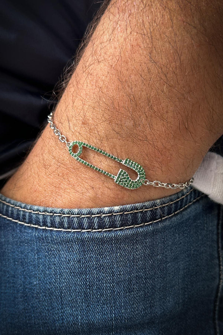 NVM FRNCH 925 Sterling Silver Safety Pin Model Men's Bracelet with Green Zircon Stone FRJ12185-3185-Y - Dos Hermanas