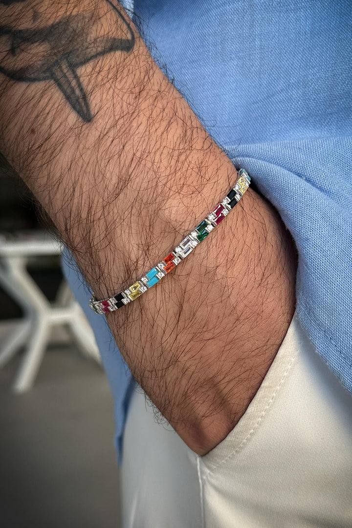 NVM FRNCH 925 Sterling Silver Multi-Color Zircon Stone Tennis Men's Bracelet FRJ11908-2008-CK - Schweinfurt