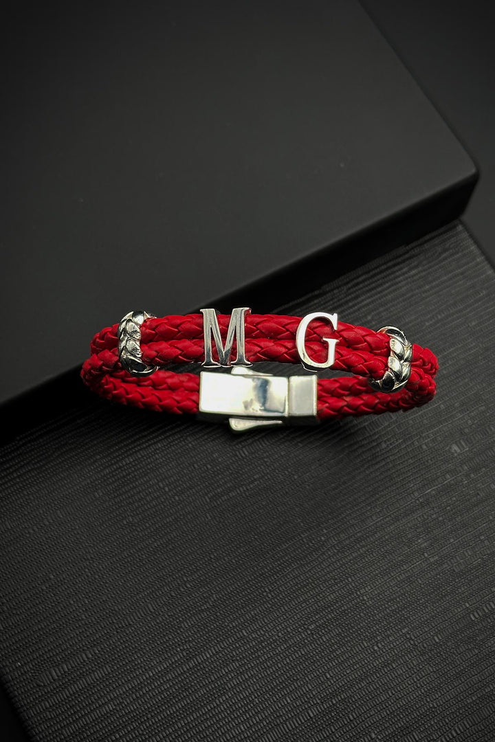 NVM FRNCH 925 Sterling Silver Lettered Red Color Leather Men's Bracelet FRJ12453-3453-K - Hunedoara