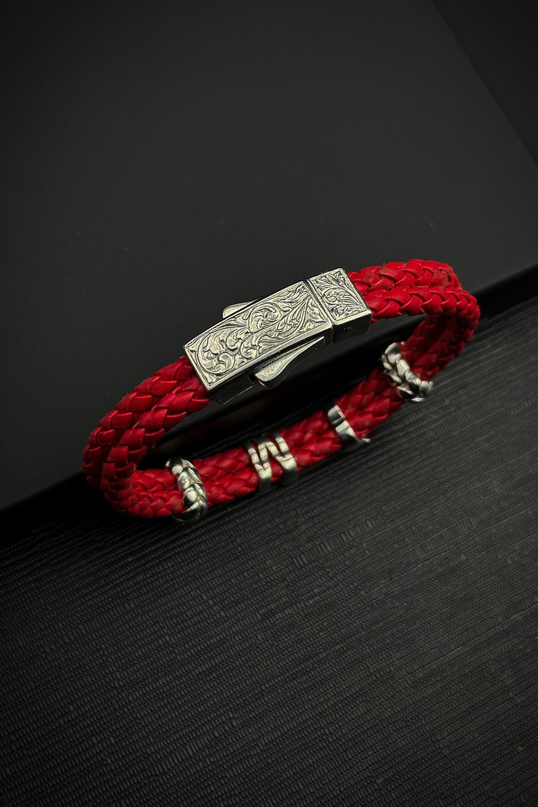 NVM FRNCH 925 Sterling Silver Lettered Red Color Leather Men's Bracelet FRJ12453-3453-K - Hunedoara