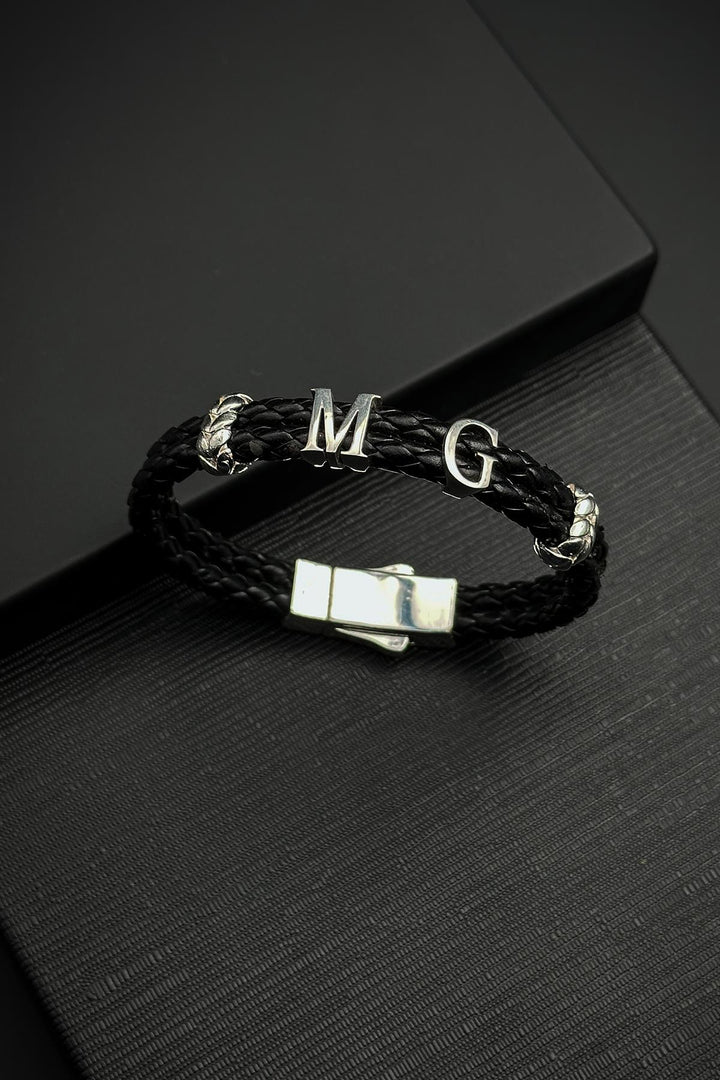 NVM FRNCH 925 Sterling Silver Lettered Black Color Leather Men's Bracelet FRJ12453-3453-S - Granada