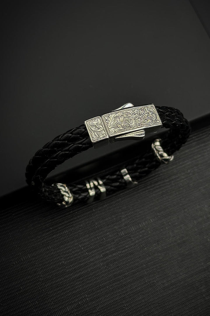 NVM FRNCH 925 Sterling Silver Lettered Black Color Leather Men's Bracelet FRJ12453-3453-S - Granada