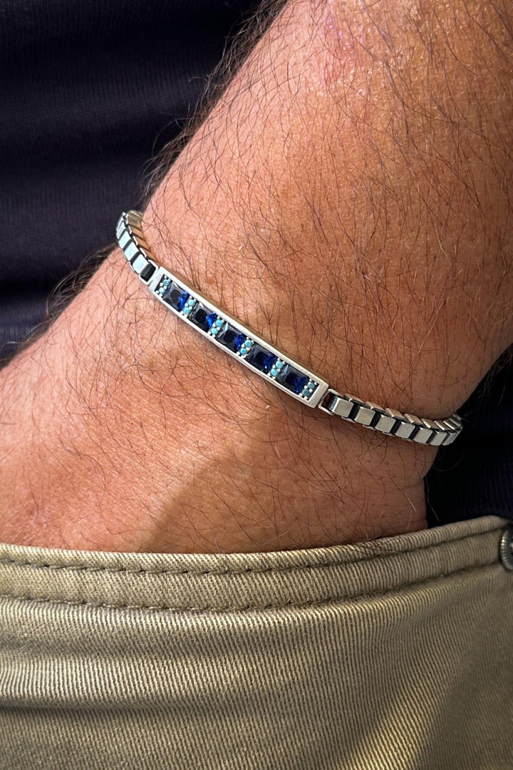 NVM FRNCH 925 Sterling Silver Italian Model Navy Blue Color Zircon Stone Silver Color Men's Bracelet FRJ12319-3319-LA - Quincy