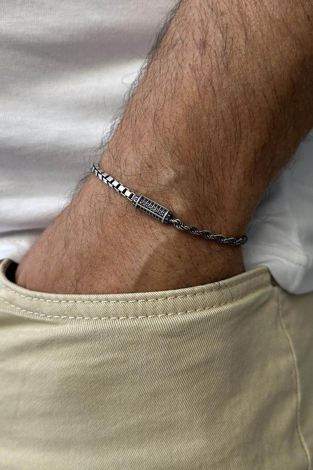 NVM FRNCH 925 Sterling Silver Italian Model Navy Blue Zircon Stone Silver Color Men's Bracelet FRJ12227-3227-L - Dronten