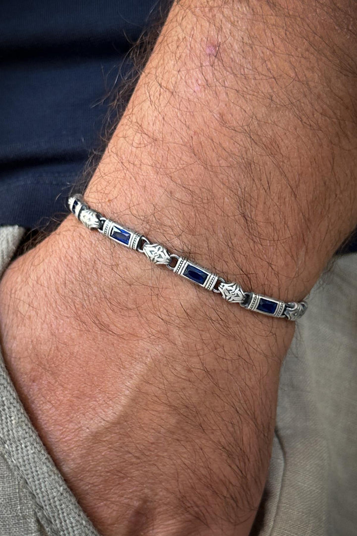 NVM FRNCH 925 Sterling Silver Italian Model Navy Blue Zircon Stone Silver Color Men's Bracelet FRJ12338-3338-L - West Babylon