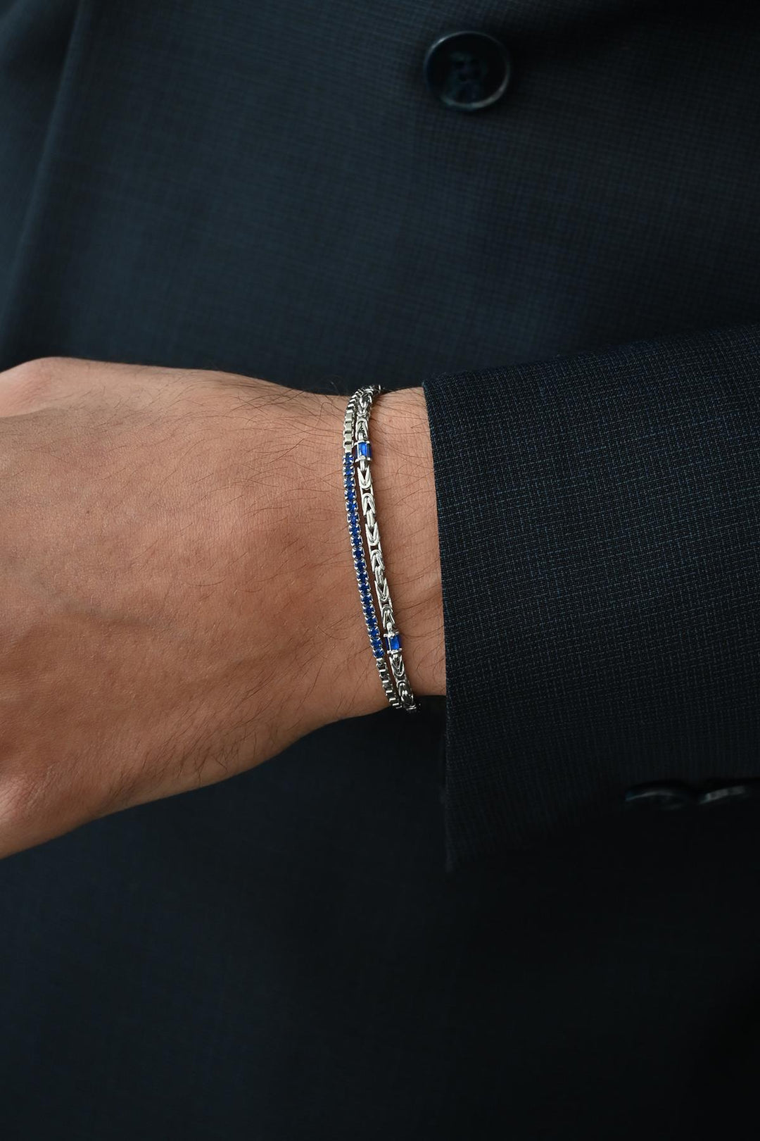 NVM FRNCH 925 Sterling Silver Italian Model Navy Blue Zircon Stone Silver Color Men's Bracelet FRJ12359-3359-L - Wilmington