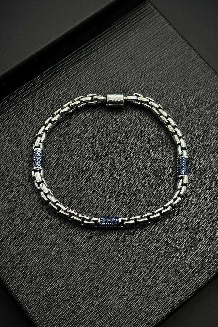 NVM FRNCH 925 Sterling Silver Italian Model Navy Blue Zircon Stone Silver Color Men's Bracelet FRJ12454-3454-L - Turlock