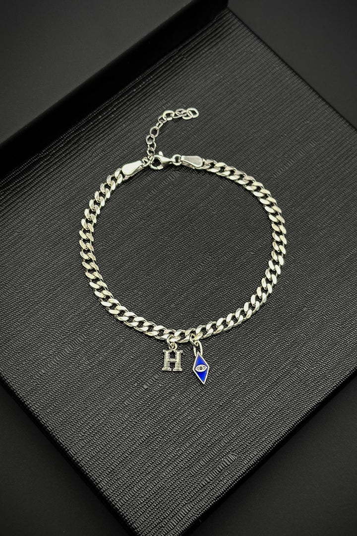 NVM FRNCH 925 Sterling Silver Italian Model Evil Eye Bead and Lettered Silver Color Men's Bracelet FRJ12229-3229-A - Herstal