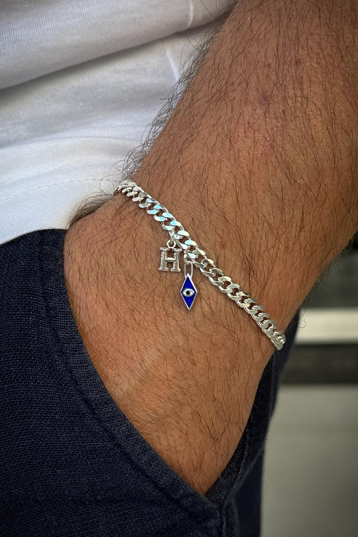 NVM FRNCH 925 Sterling Silver Italian Model Evil Eye Bead and Lettered Silver Color Men's Bracelet FRJ12229-3229-A - Herstal
