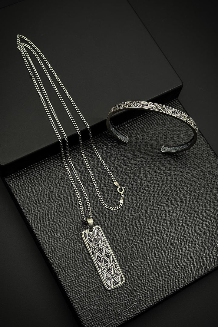 NVM FRNCH 925 Sterling Silver Italian Model Black Color Men's Bracelet/Necklace Set FRJ12249-3249-S2 - Cananea
