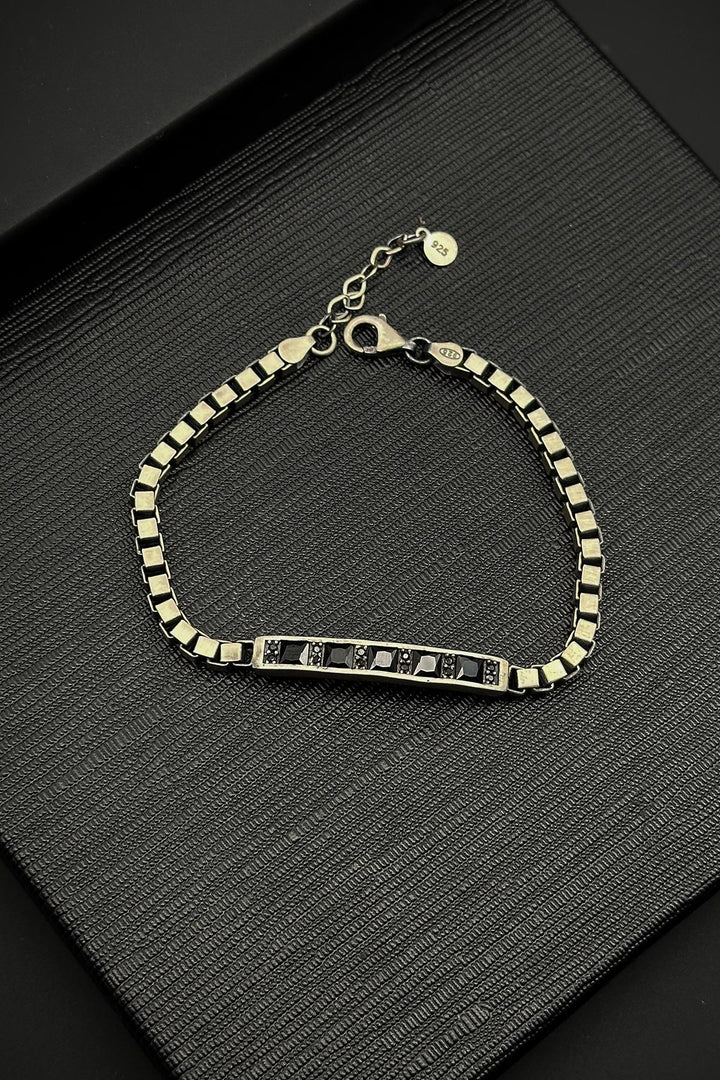 NVM FRNCH 925 Sterling Silver Italian Model Black Color Zircon Stone Silver Color Men's Bracelet FRJ12319-3319-B2 - Howell