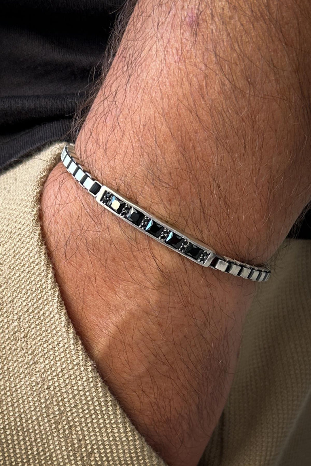 NVM FRNCH 925 Sterling Silver Italian Model Black Color Zircon Stone Silver Color Men's Bracelet FRJ12319-3319-B2 - Howell