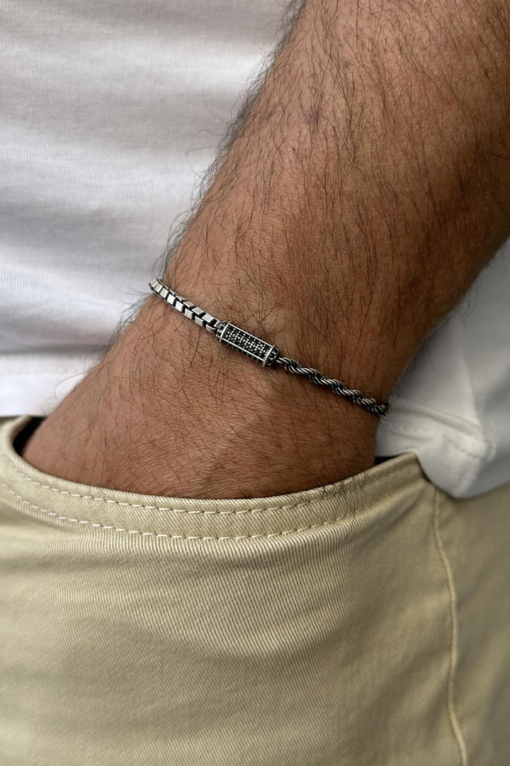 NVM FRNCH 925 Sterling Silver Italian Model Black Zircon Stone Silver Color Men's Bracelet FRJ12227-3227-S - Brandon