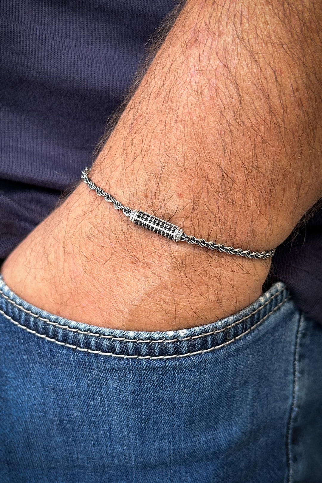 NVM FRNCH 925 Sterling Silver Italian Model Black Zircon Stone Silver Color Men's Bracelet FRJ12253-3253-S - La Courneuve