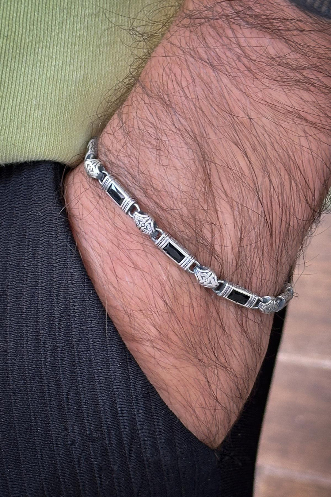 NVM FRNCH 925 Sterling Silver Italian Model Black Zircon Stone Silver Color Men's Bracelet FRJ12338-3338-S - Carrollwood