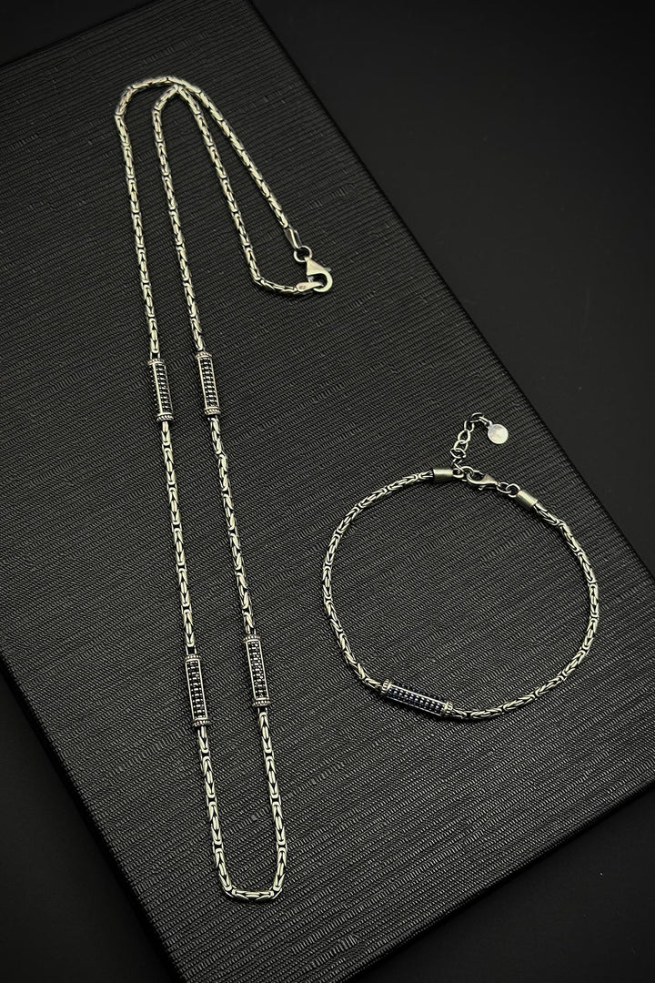 NVM FRNCH 925 Sterling Silver Italian Model Black Zircon Stone Silver Color Men's Bracelet/Necklace Set FRJ12251-3251-S - Puebla