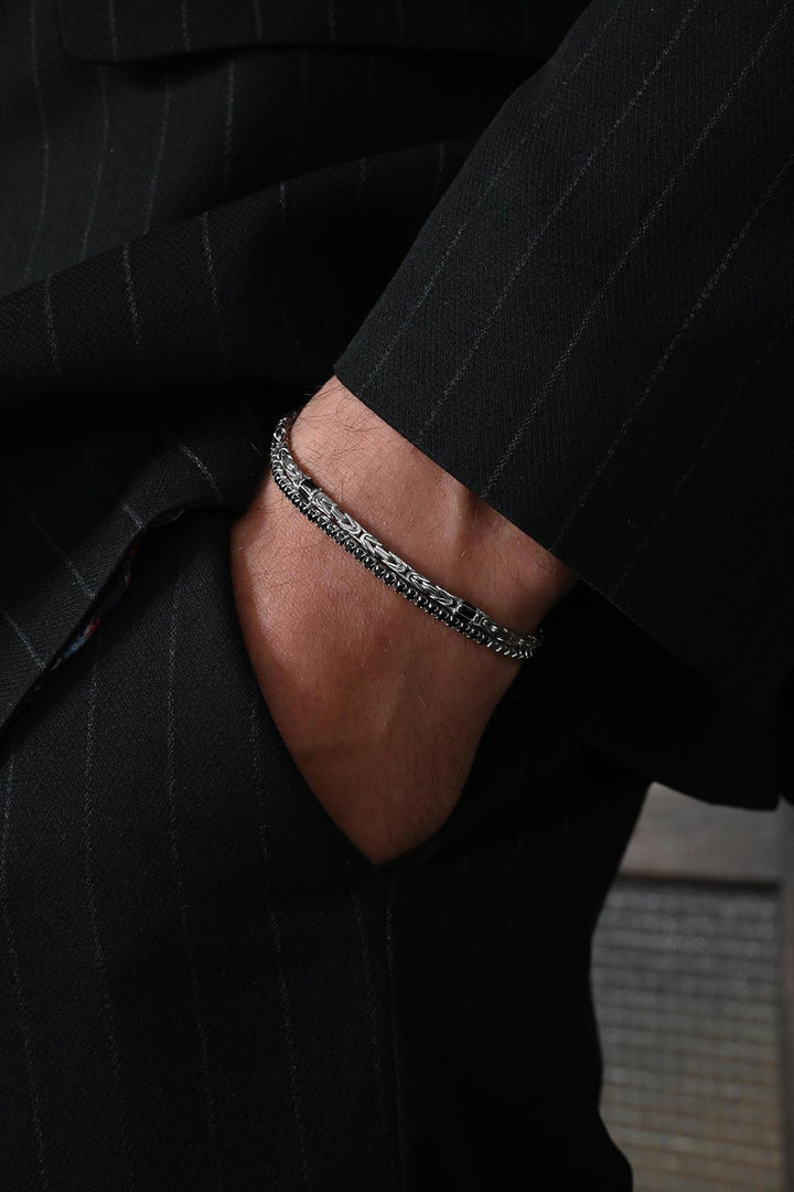 NVM FRNCH 925 Sterling Silver Italian Model Black Zircon Stone Silver Color Men's Bracelet Set FRJ12359-3359-S - La Laguna