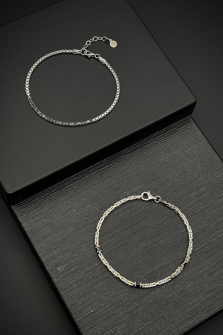 NVM FRNCH 925 Sterling Silver Italian Model Black Zircon Stone Silver Color Men's Bracelet Set FRJ12359-3359-S - La Laguna