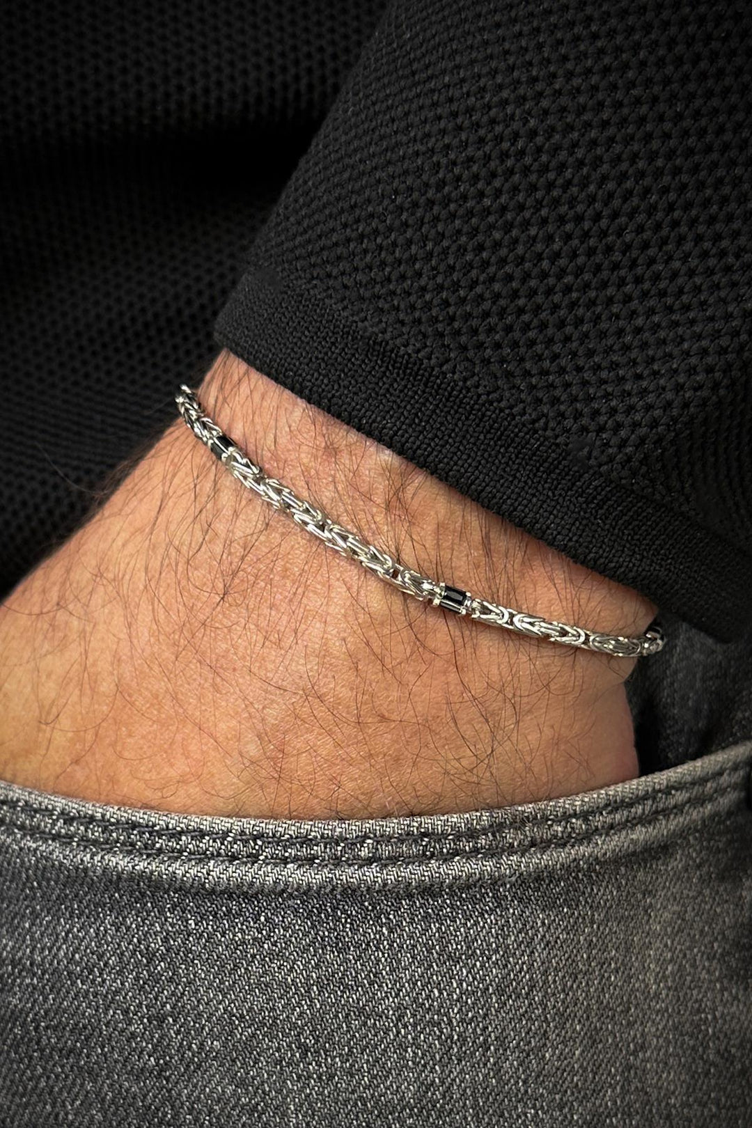 NVM FRNCH 925 Sterling Silver Italian Model Black Zircon Stone Silver Color Men's Bracelet Set FRJ12365-3365-S - Tartu